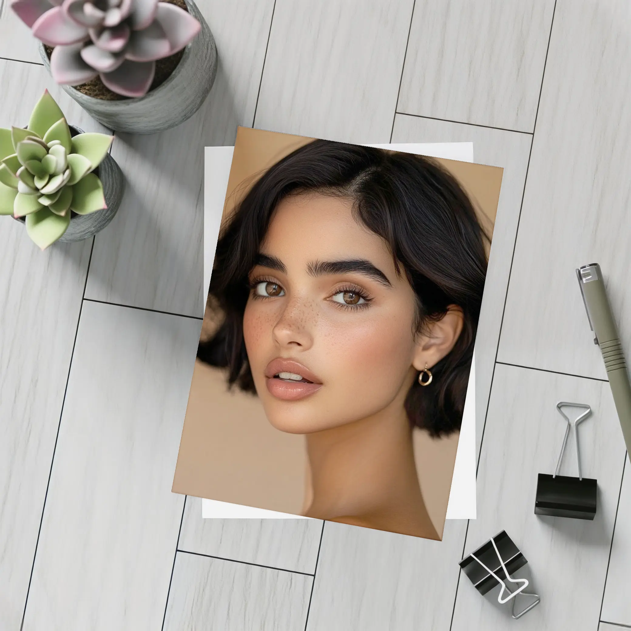 Young Woman Portrait Beige Neutral Background – Postcards