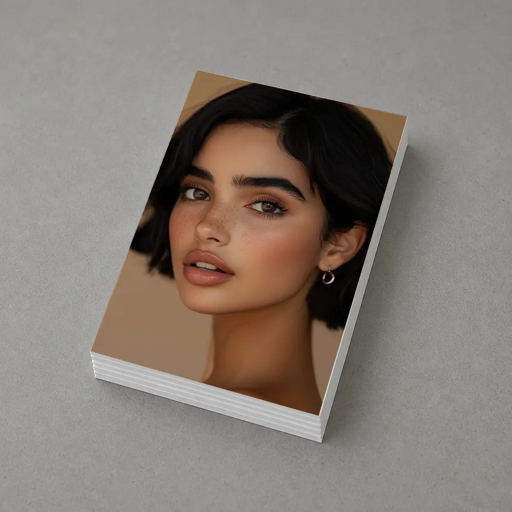 Young Woman Portrait Beige Neutral Background – Postcards