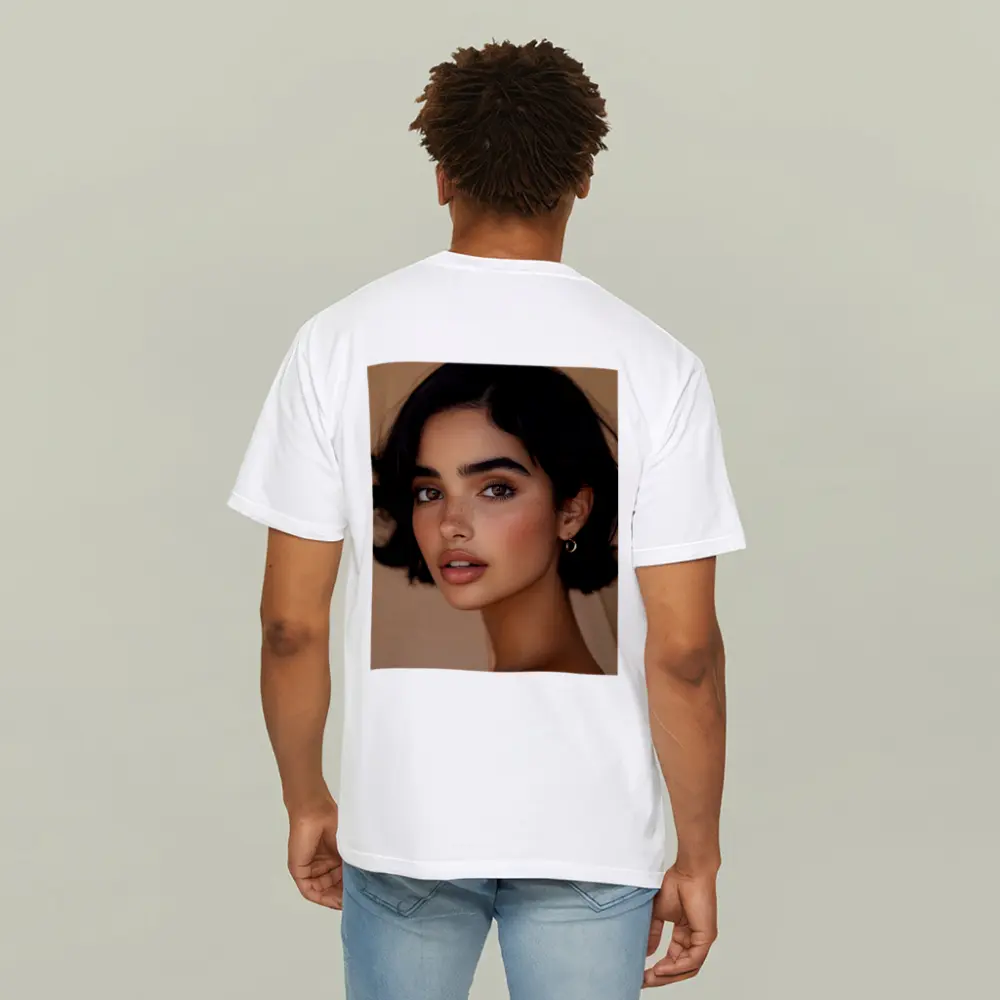 Young Woman Portrait Beige Neutral Background – T-Shirts
