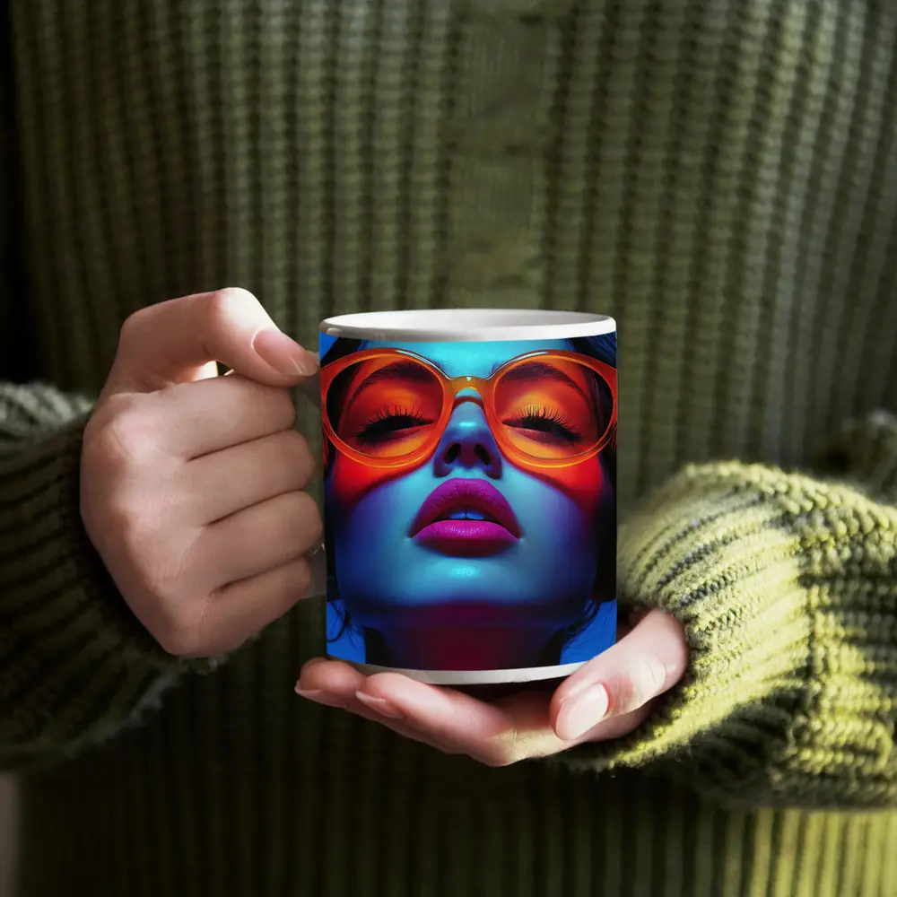 Neon Fashion Woman Orange Sunglasses Blue Light – Mugs