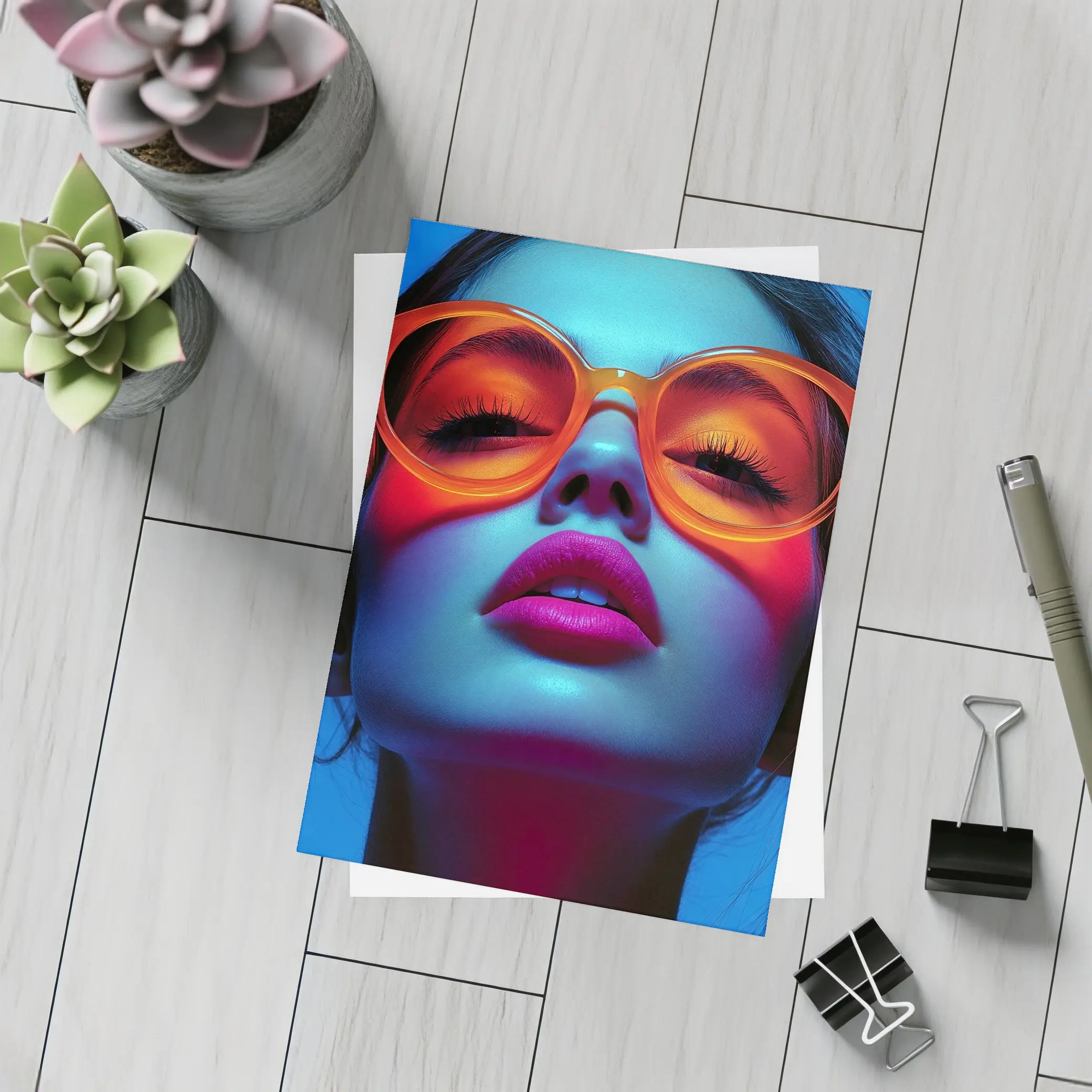Neon Fashion Woman Orange Sunglasses Blue Light – Postcards