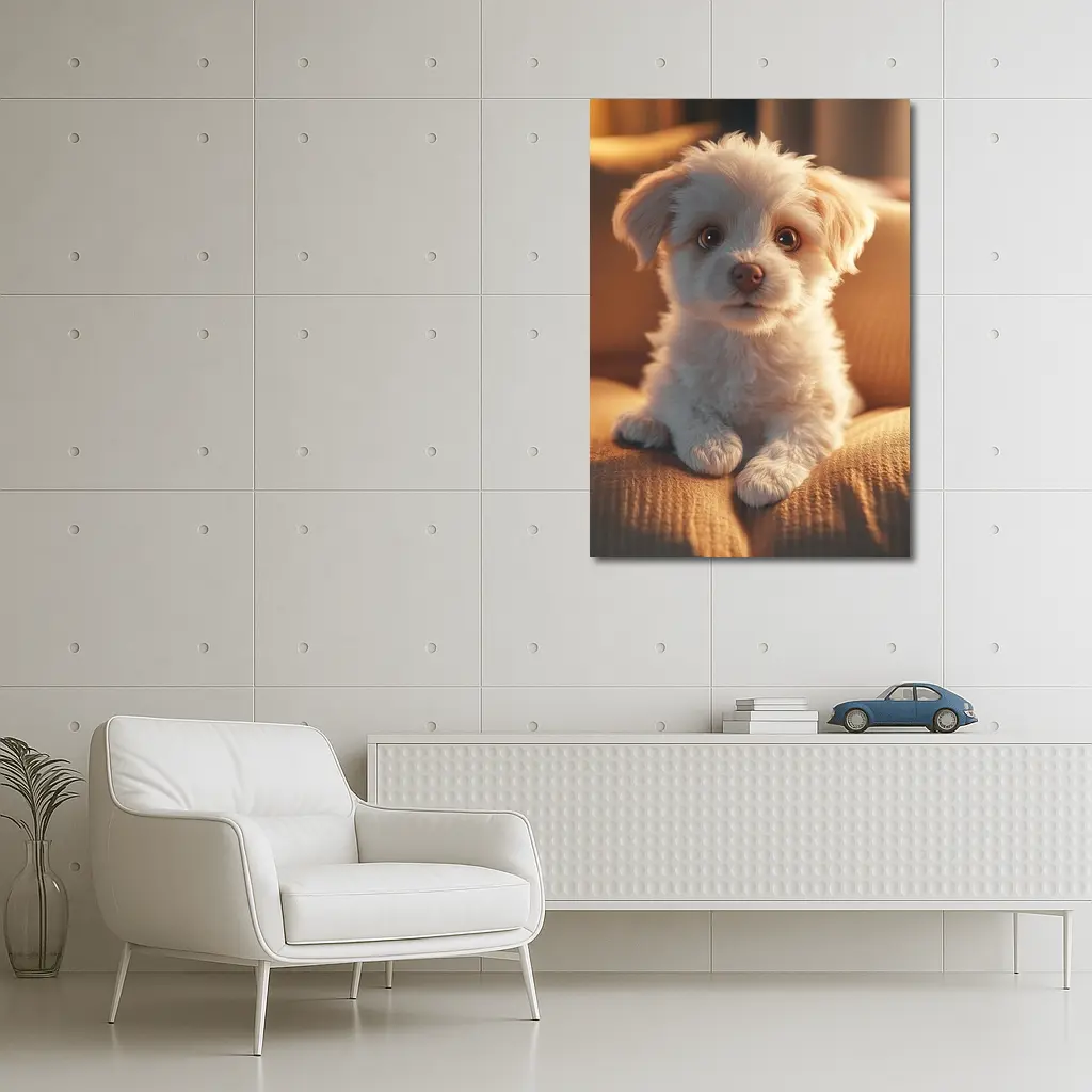 Fluffy White Maltese Puppy On Couch – Wall Art