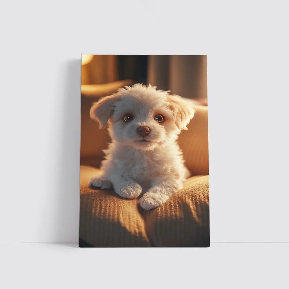Fluffy White Maltese Puppy On Couch – Wall Art