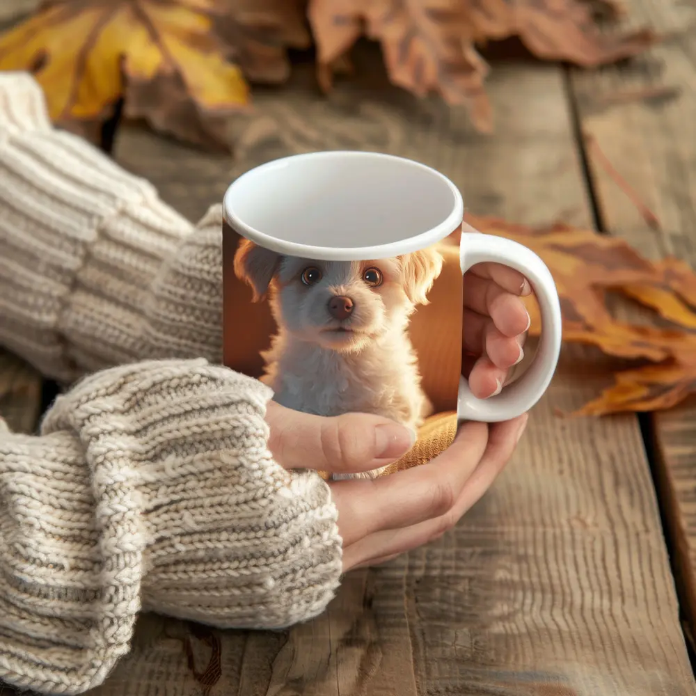Fluffy White Maltese Puppy On Couch – Mugs