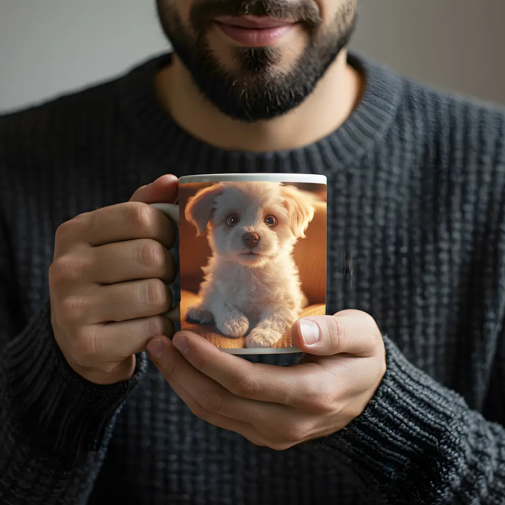 Fluffy White Maltese Puppy On Couch – Mugs