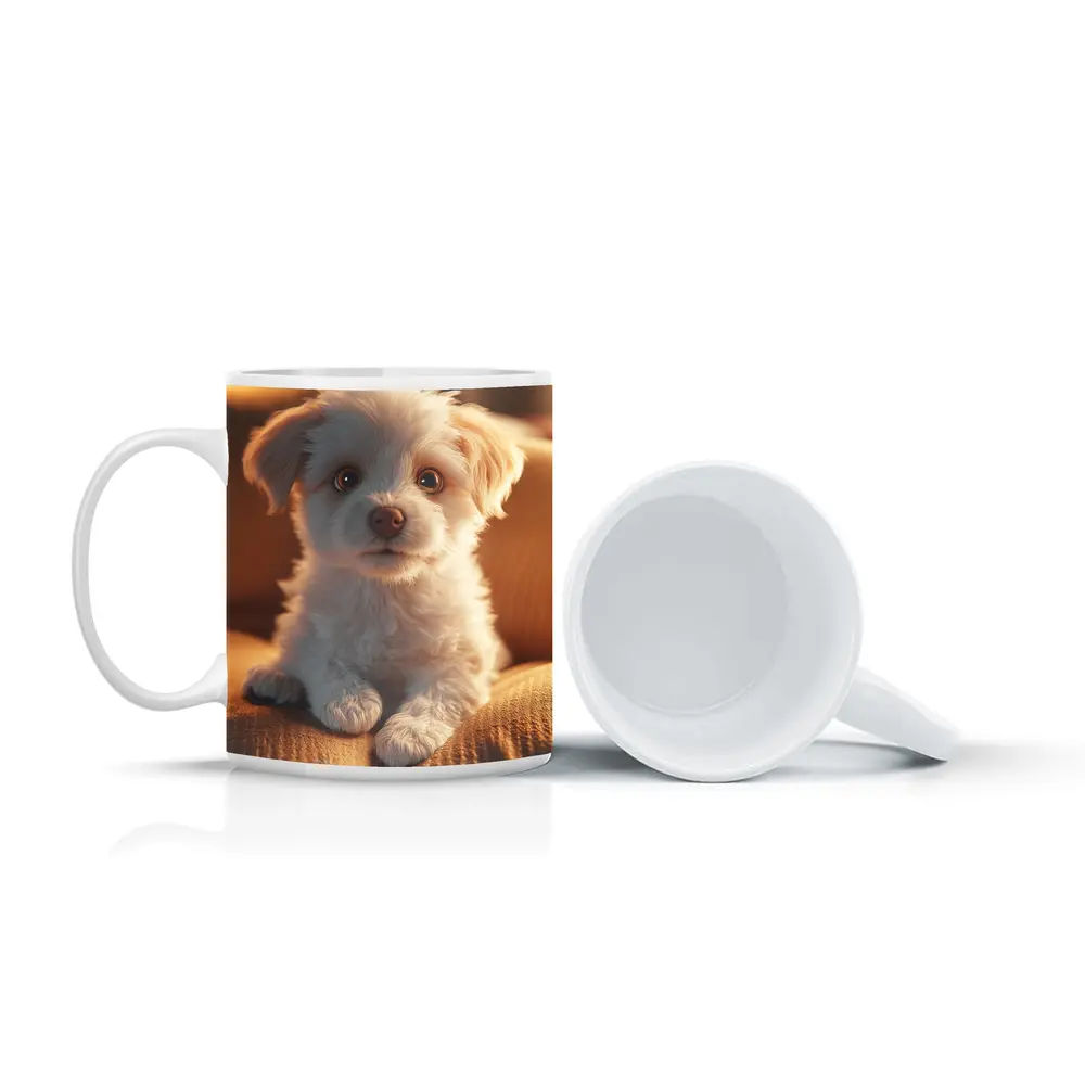 Fluffy White Maltese Puppy On Couch – Mugs