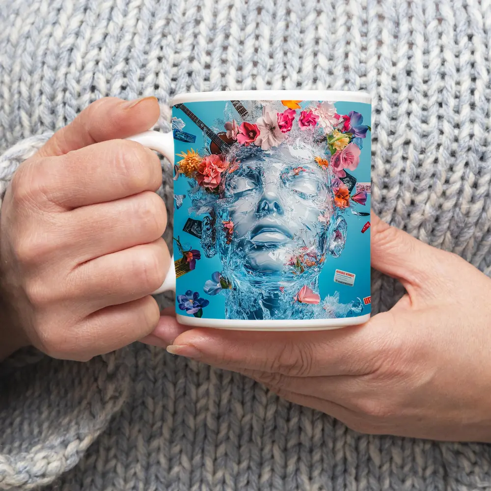 Ice Sculpture Head Flowers Guitars Blue Background – Mugs