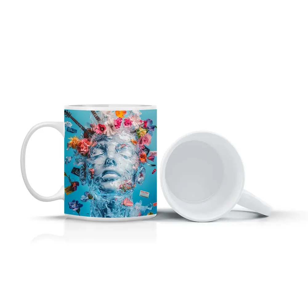 Ice Sculpture Head Flowers Guitars Blue Background – Mugs