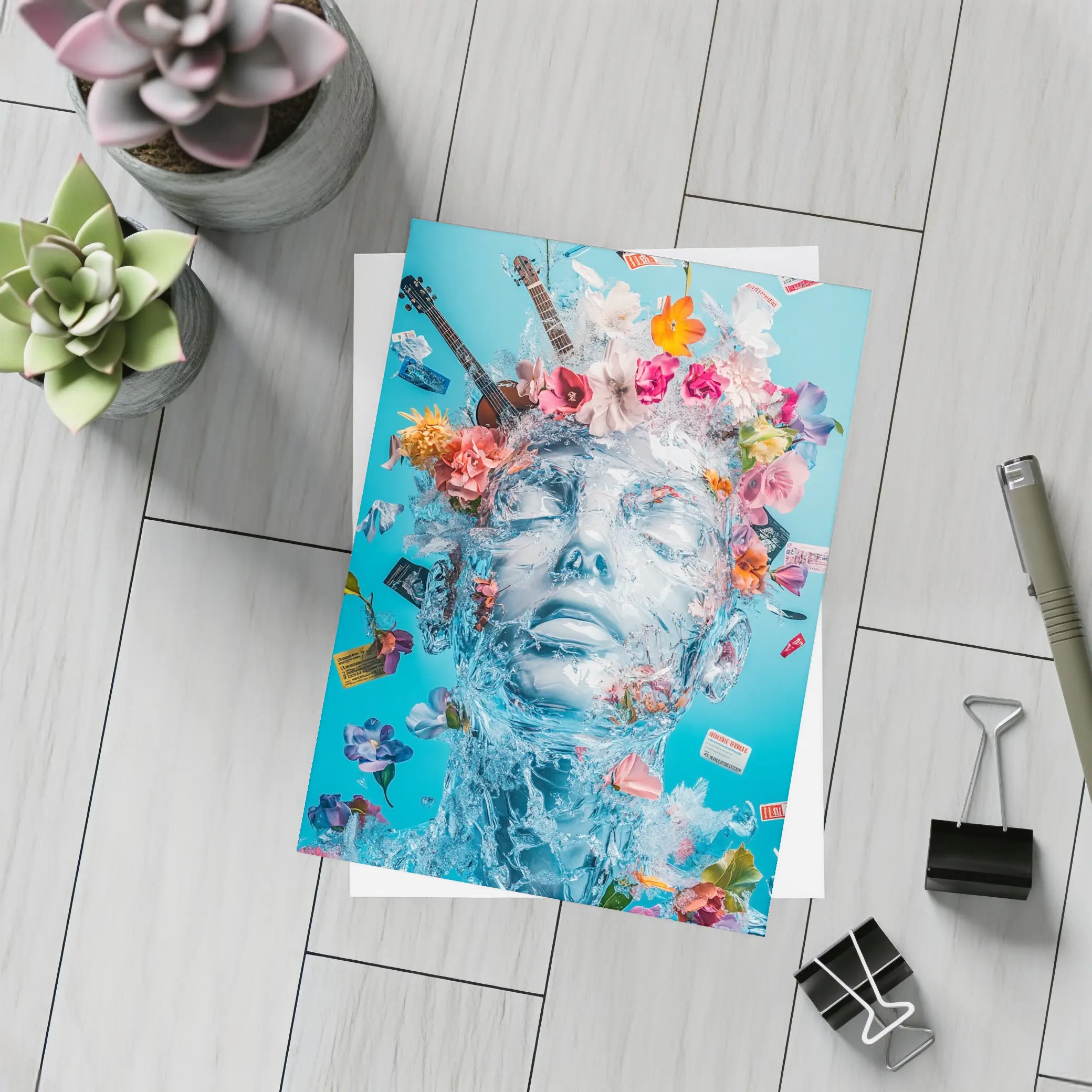 Ice Sculpture Head Flowers Guitars Blue Background – Postcards