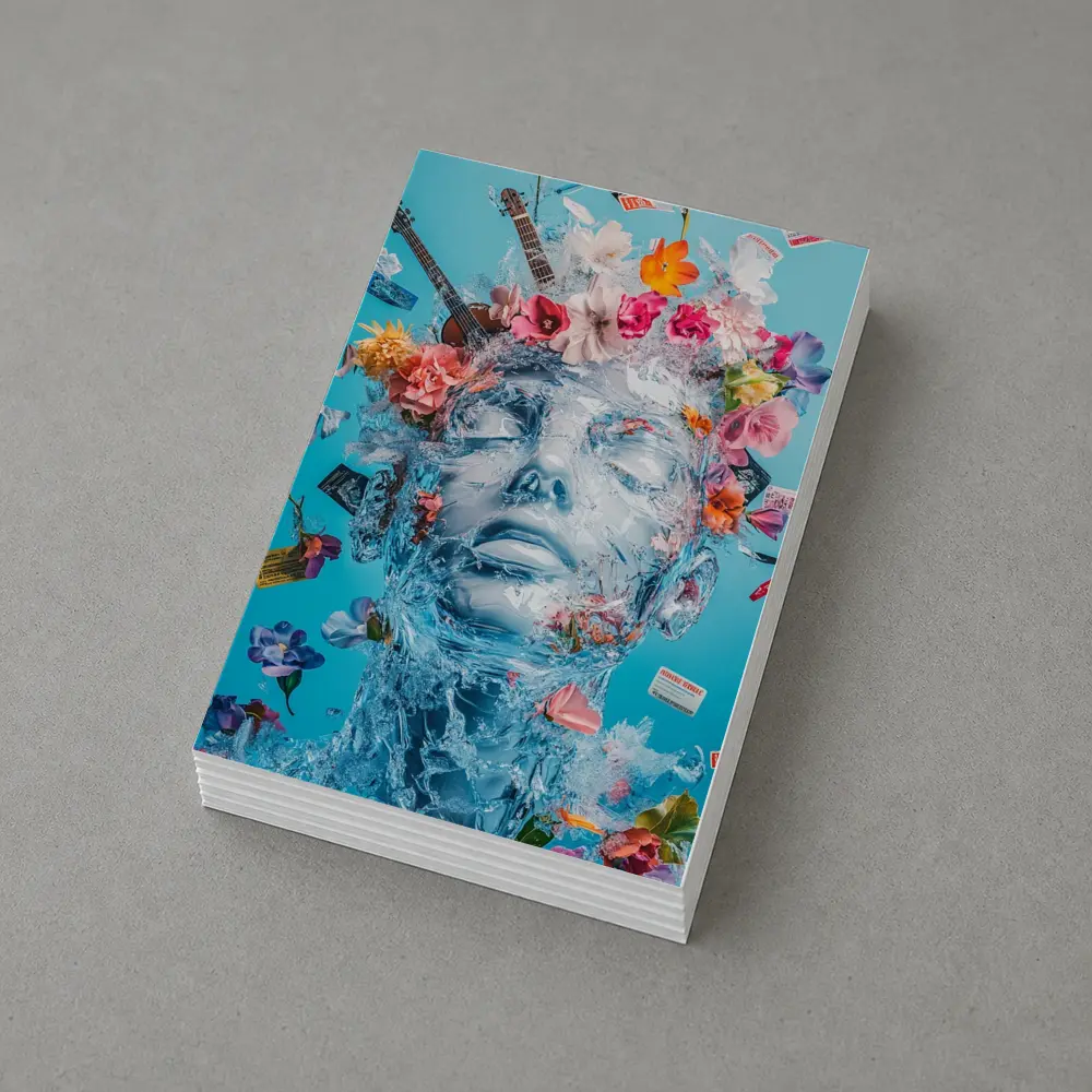 Ice Sculpture Head Flowers Guitars Blue Background – Postcards