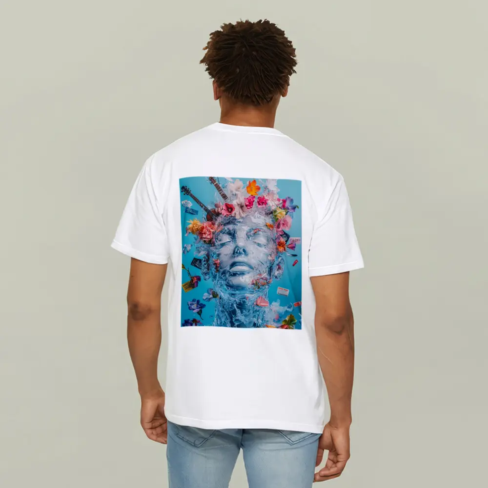 Ice Sculpture Head Flowers Guitars Blue Background – T-Shirts