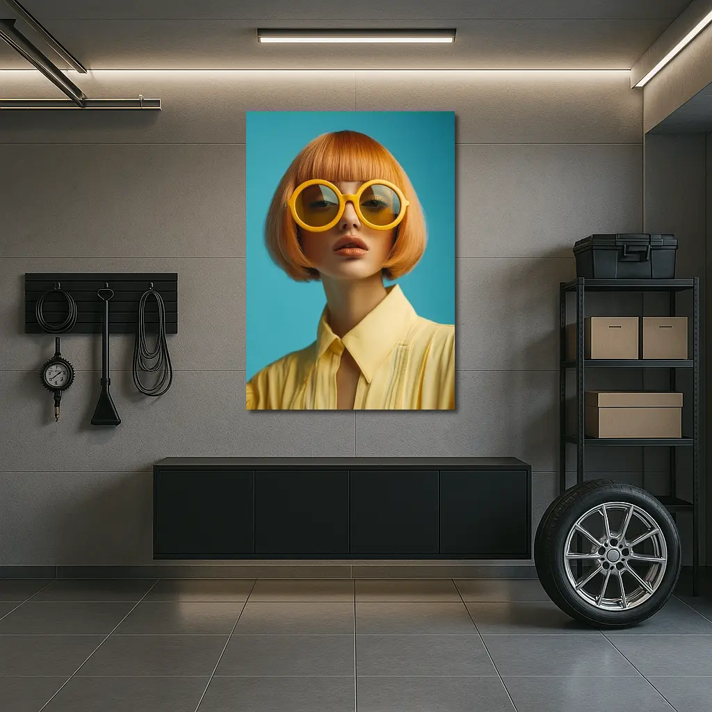 Retro Fashion Woman Yellow Sunglasses Blue Background – Wall Art