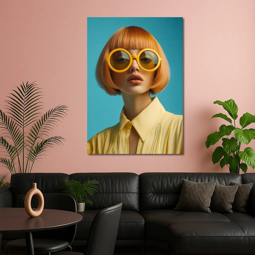 Retro Fashion Woman Yellow Sunglasses Blue Background – Wall Art