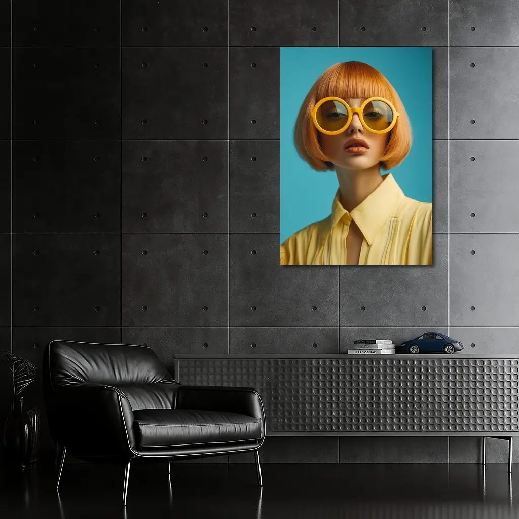 Retro Fashion Woman Yellow Sunglasses Blue Background – Wall Art