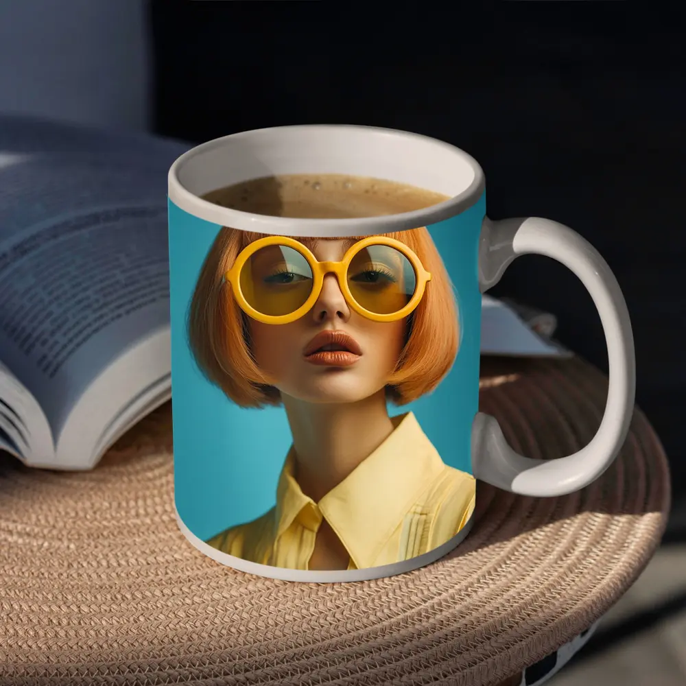 Retro Fashion Woman Yellow Sunglasses Blue Background – Mugs