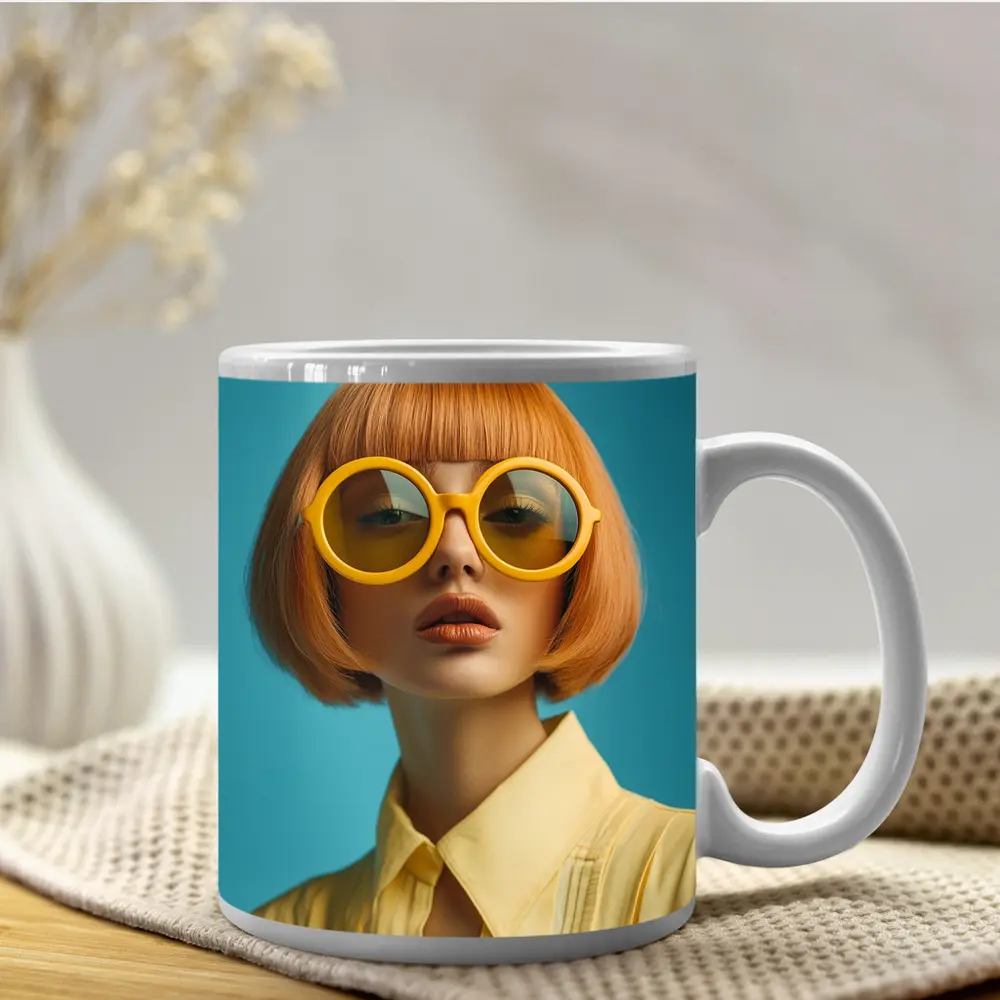 Retro Fashion Woman Yellow Sunglasses Blue Background – Mugs