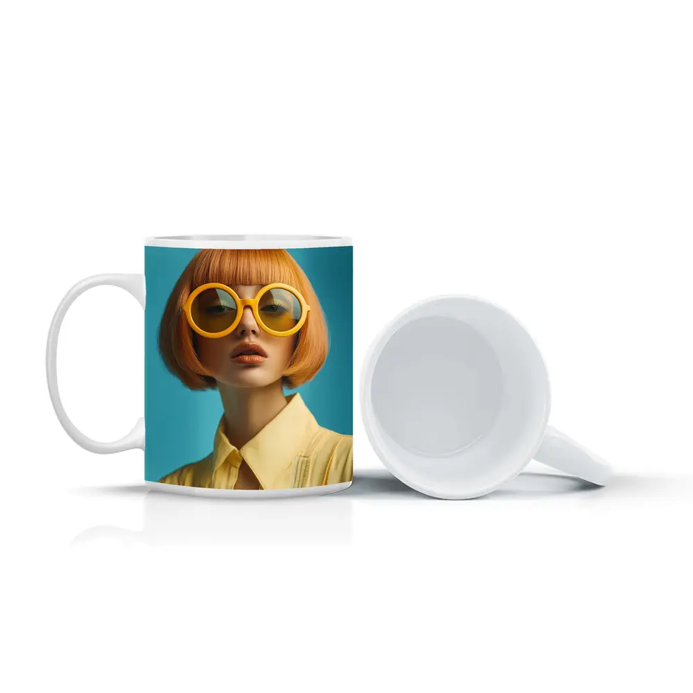 Retro Fashion Woman Yellow Sunglasses Blue Background – Mugs