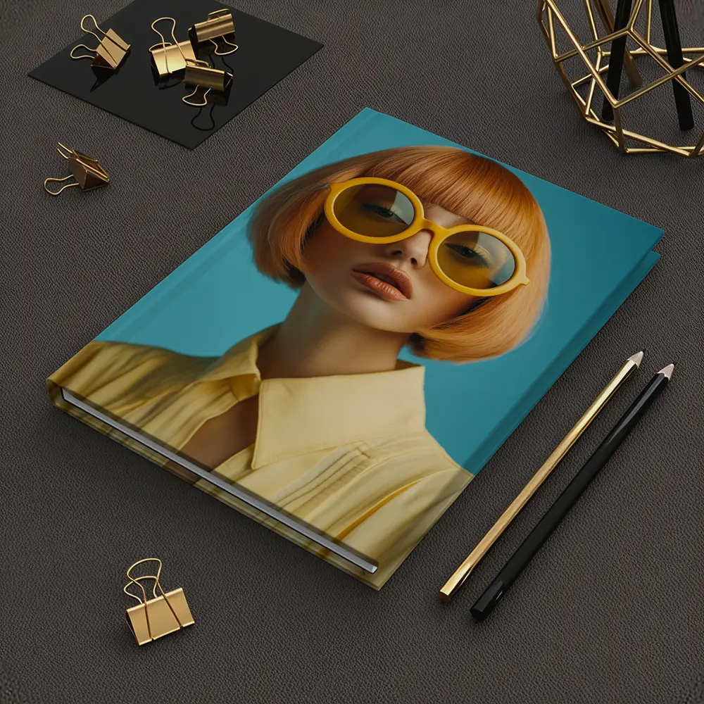 Retro Fashion Woman Yellow Sunglasses Blue Background – Notebooks