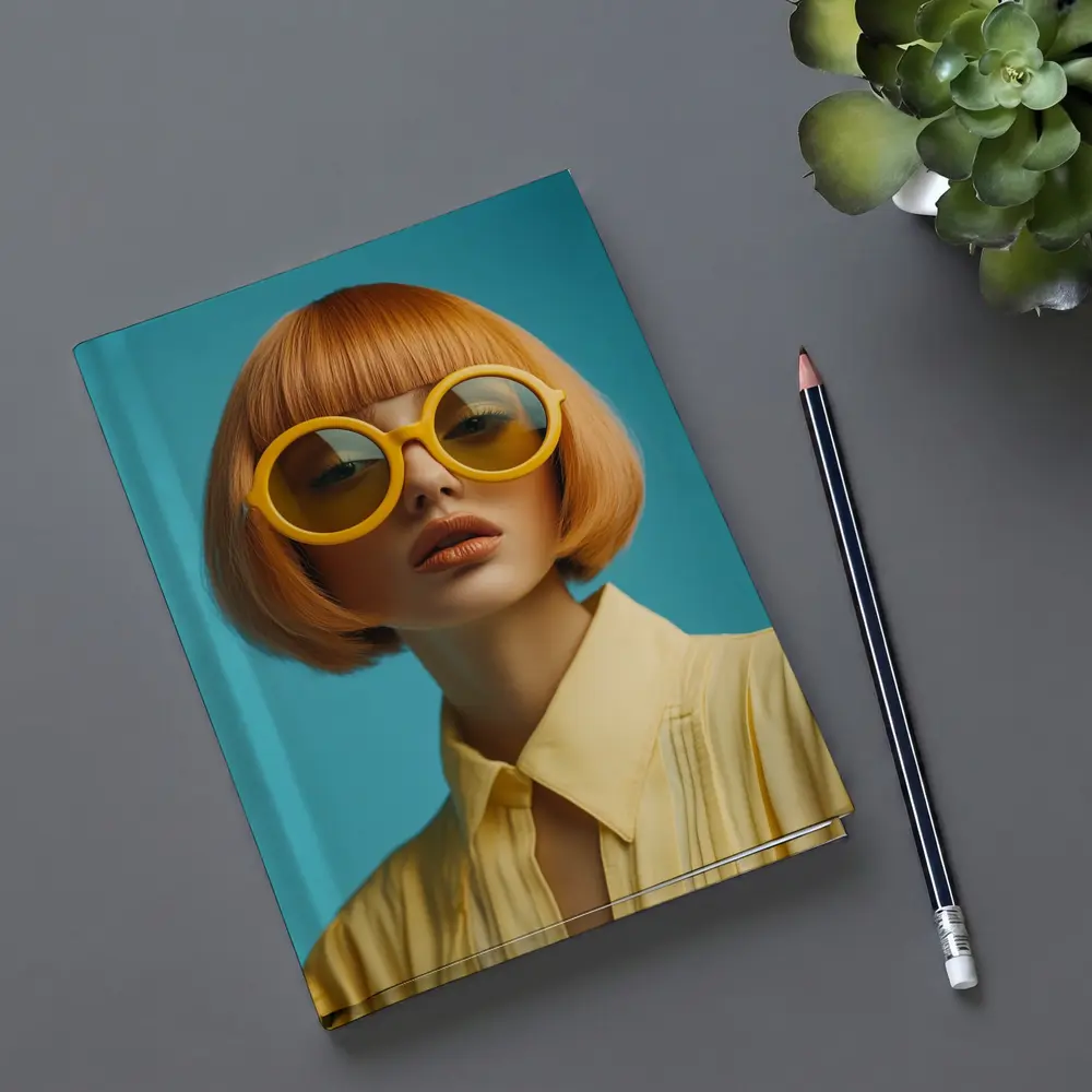 Retro Fashion Woman Yellow Sunglasses Blue Background – Notebooks