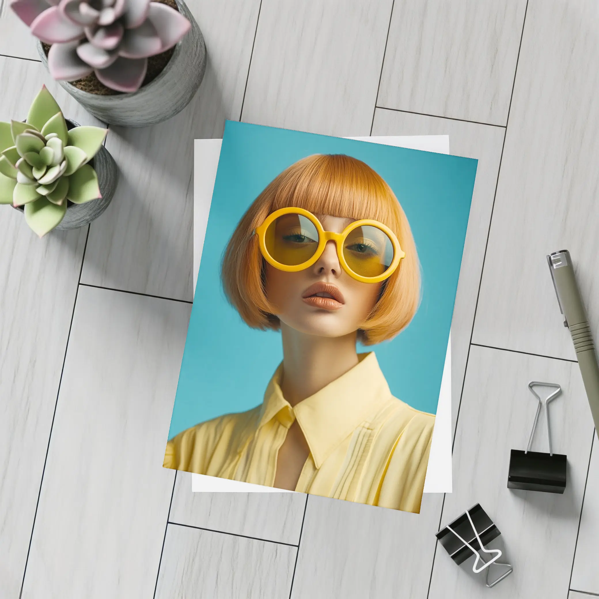 Retro Fashion Woman Yellow Sunglasses Blue Background – Postcards