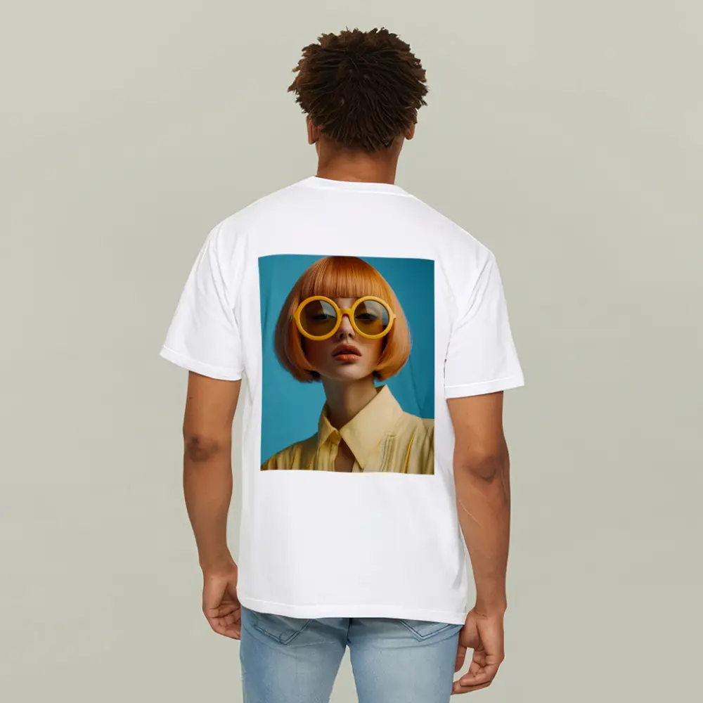 Retro Fashion Woman Yellow Sunglasses Blue Background – T-Shirts