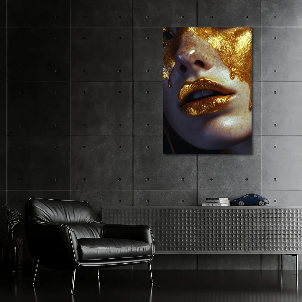 Gold Paint Dripping Over Freckled Face – Wall Art