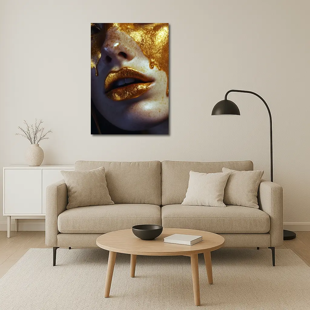 Gold Paint Dripping Over Freckled Face – Wall Art