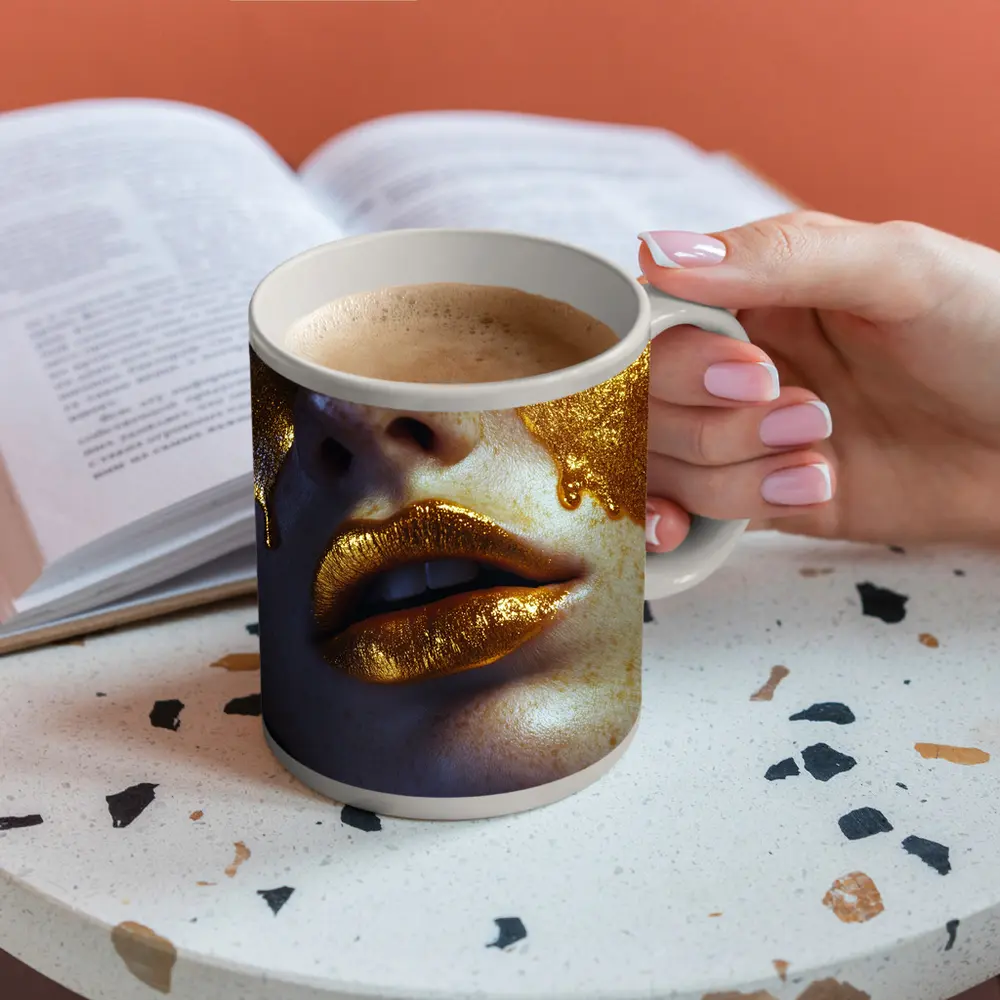Gold Paint Dripping Over Freckled Face – Mugs