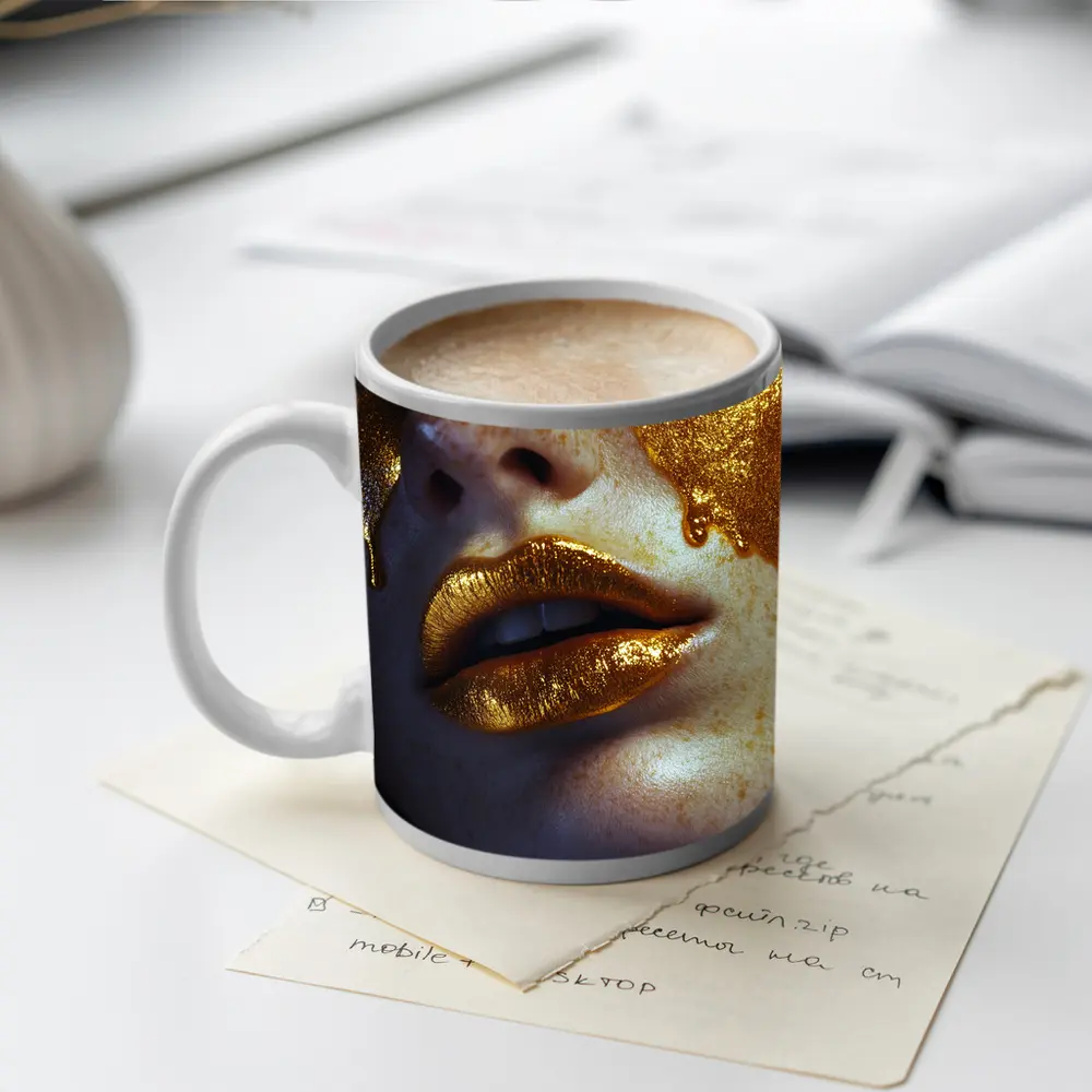 Gold Paint Dripping Over Freckled Face – Mugs