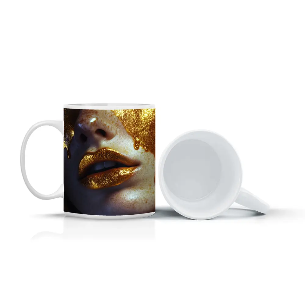 Gold Paint Dripping Over Freckled Face – Mugs