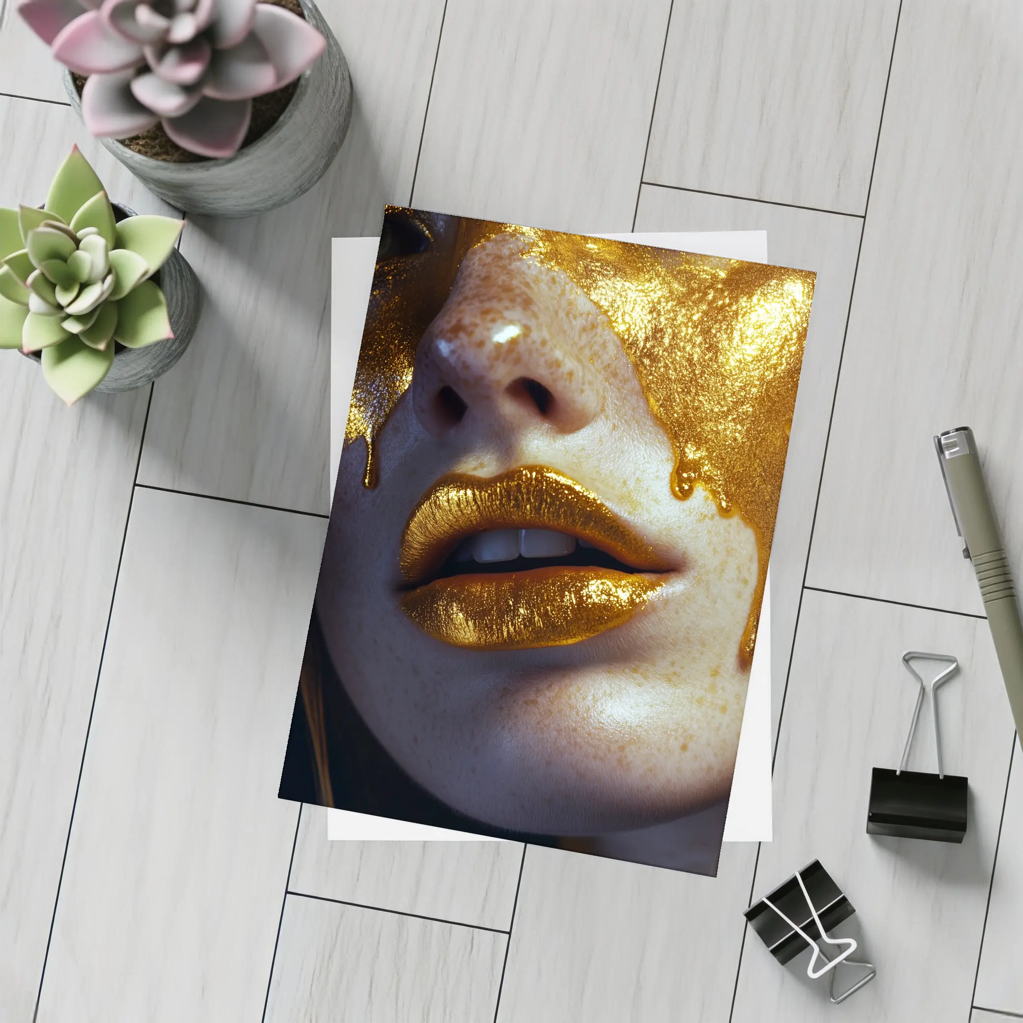 Gold Paint Dripping Over Freckled Face – Postcards