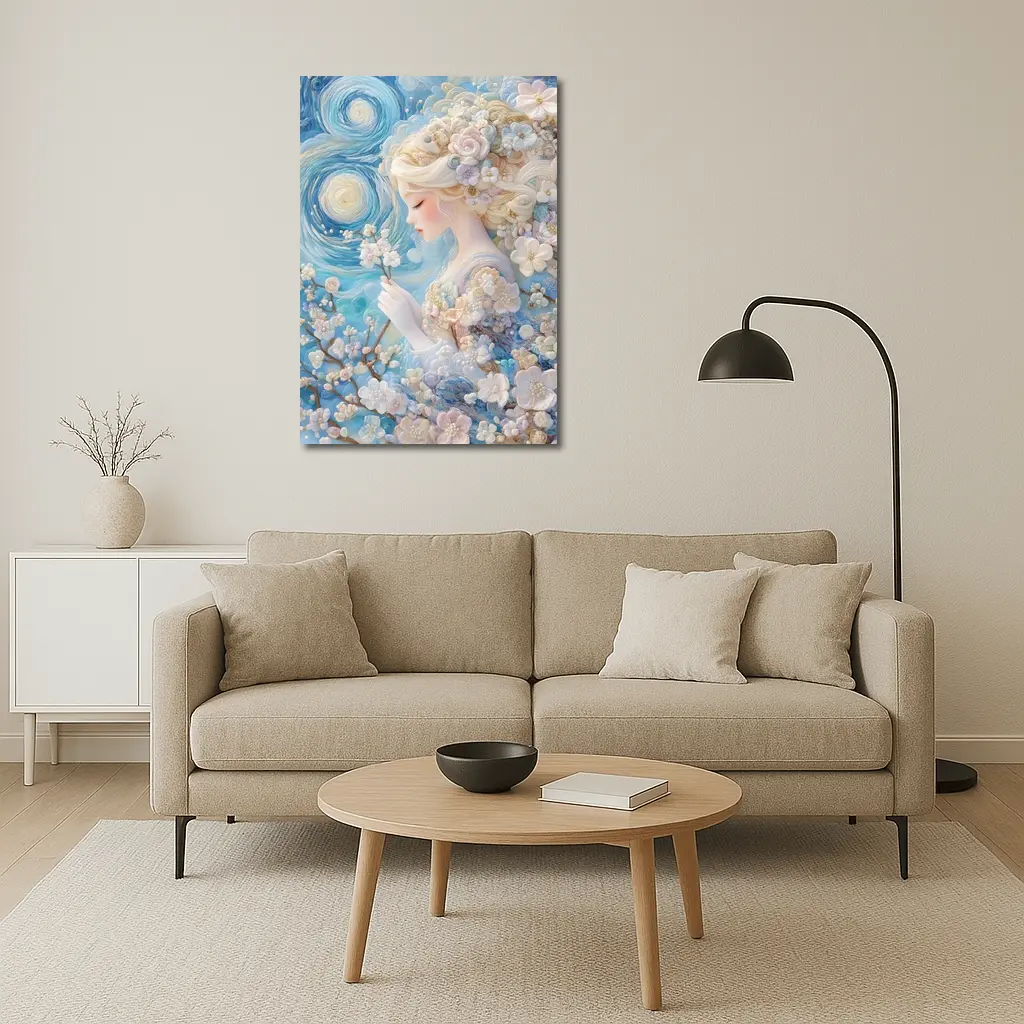 Blonde Girl Cherry Blossoms Swirling Blue Sky – Wall Art