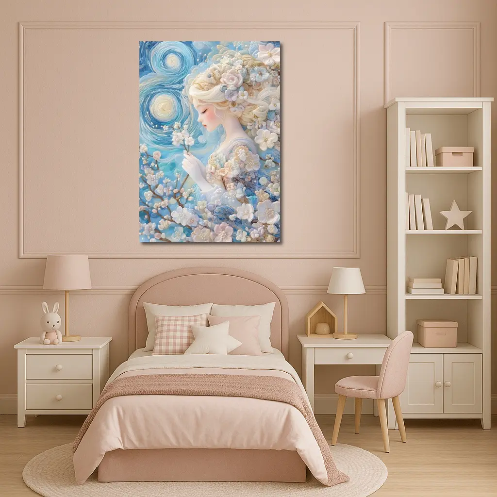 Blonde Girl Cherry Blossoms Swirling Blue Sky – Wall Art