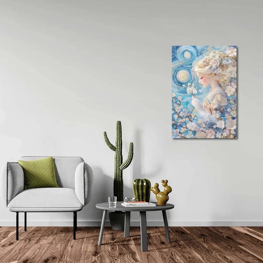 Blonde Girl Cherry Blossoms Swirling Blue Sky – Wall Art