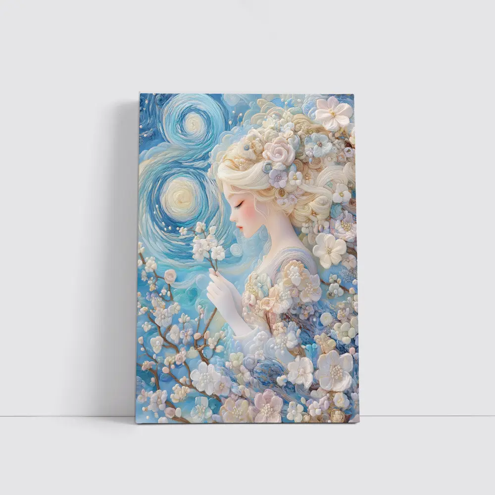 Blonde Girl Cherry Blossoms Swirling Blue Sky – Wall Art