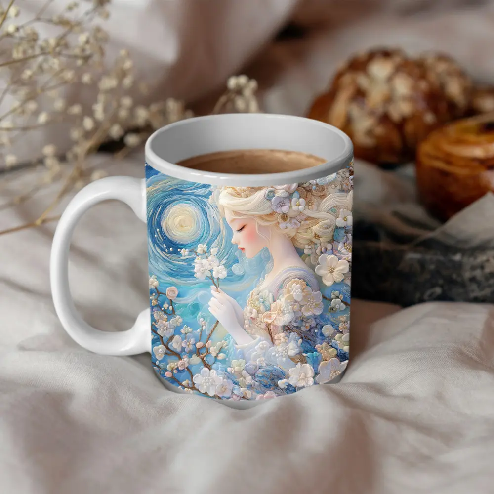 Blonde Girl Cherry Blossoms Swirling Blue Sky – Mugs
