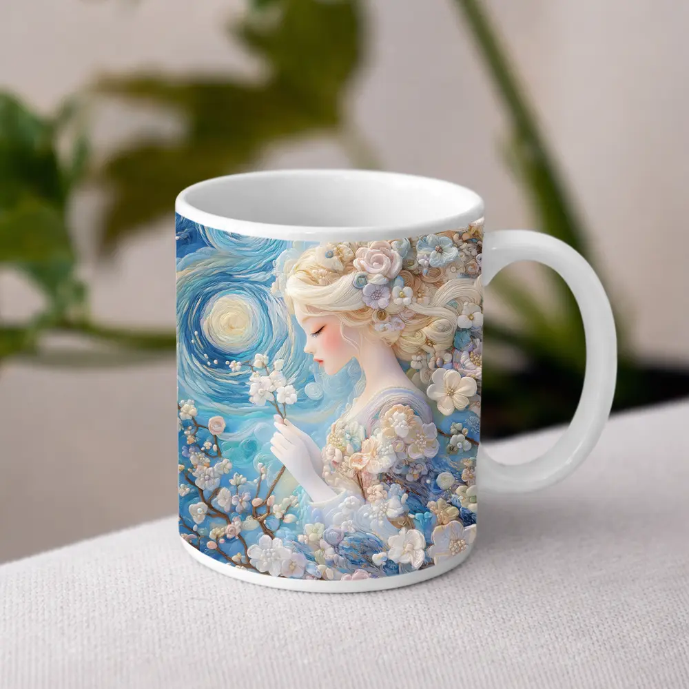 Blonde Girl Cherry Blossoms Swirling Blue Sky – Mugs
