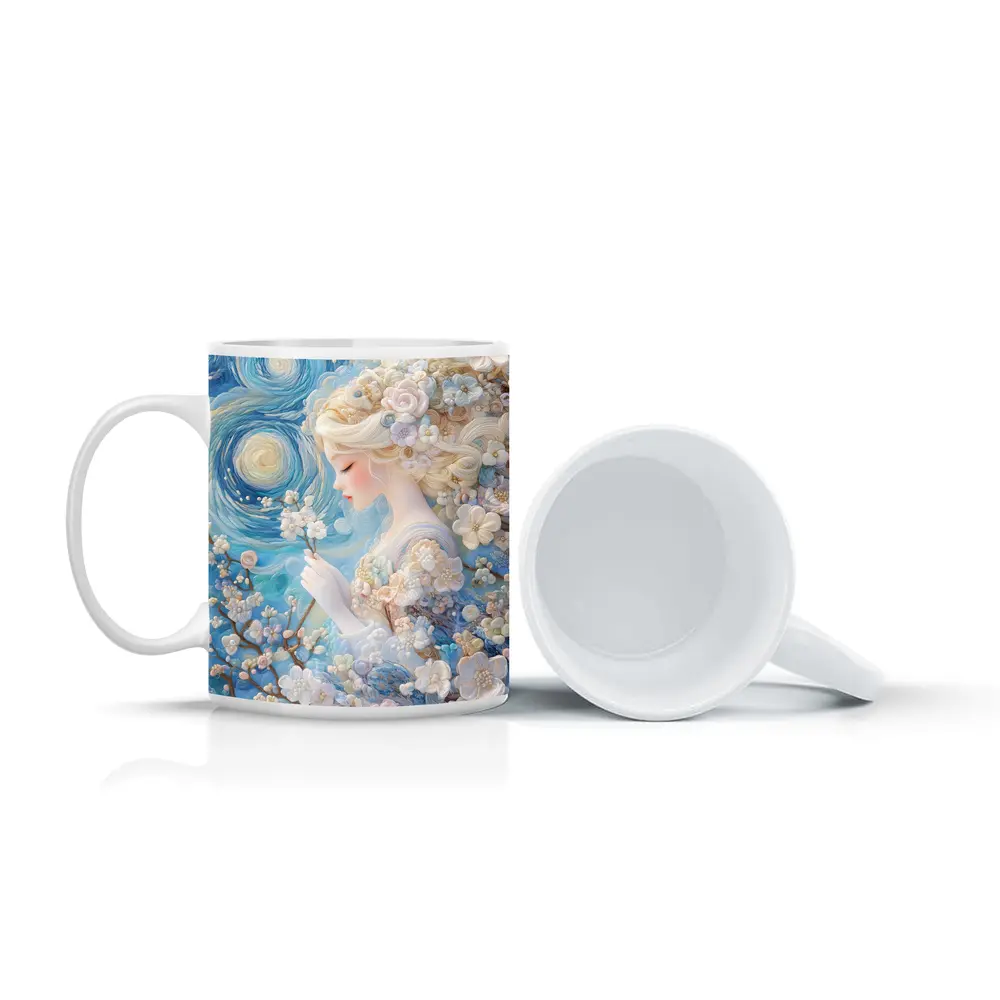 Blonde Girl Cherry Blossoms Swirling Blue Sky – Mugs