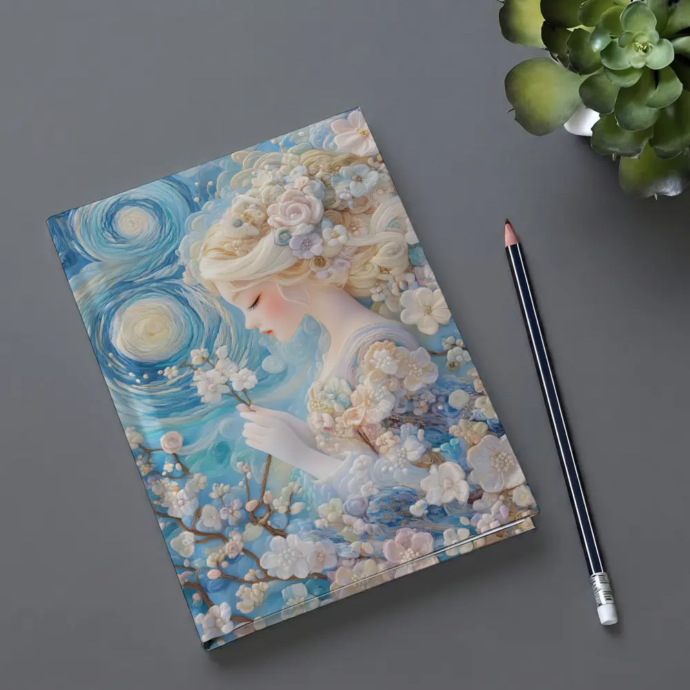 Blonde Girl Cherry Blossoms Swirling Blue Sky – Notebooks