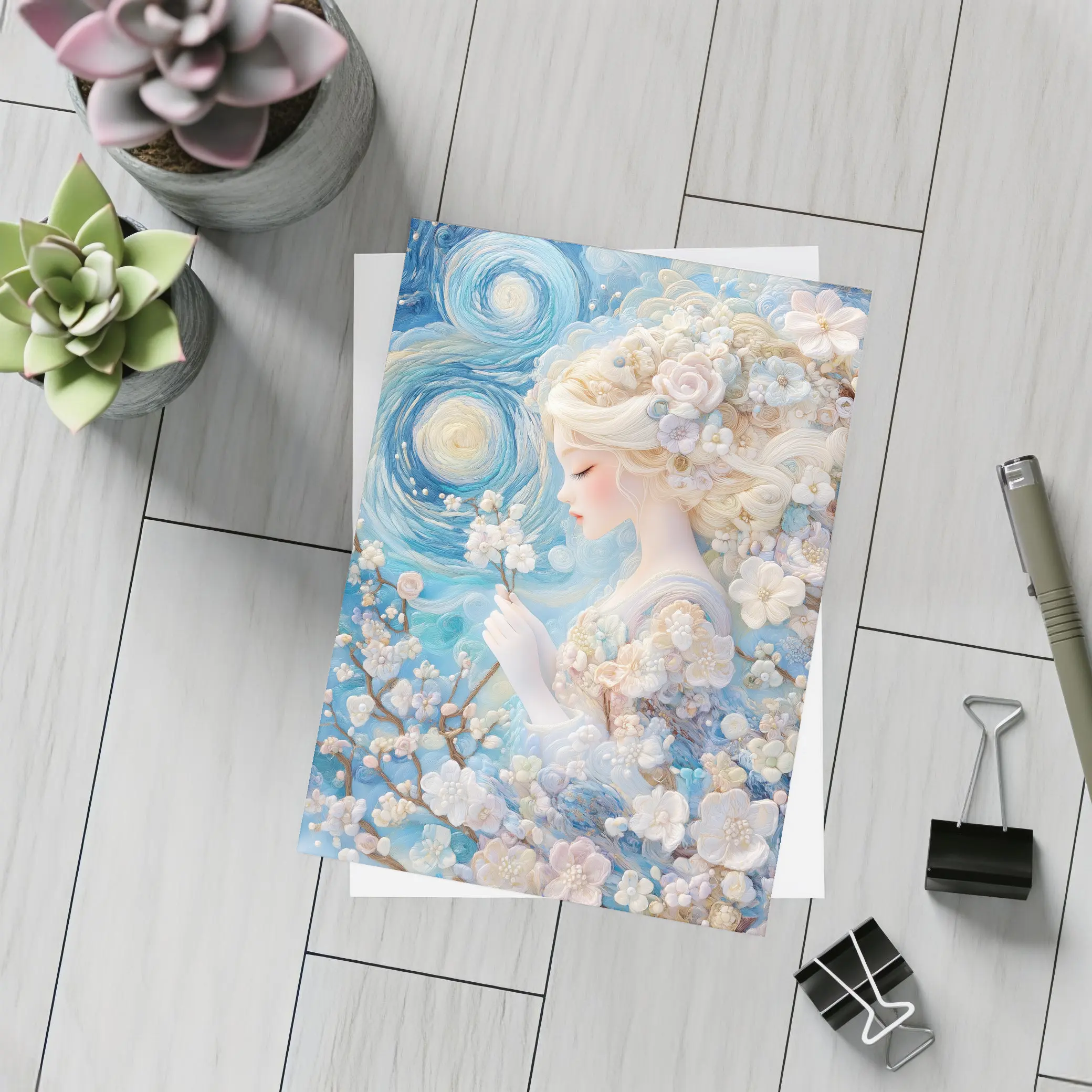 Blonde Girl Cherry Blossoms Swirling Blue Sky – Postcards