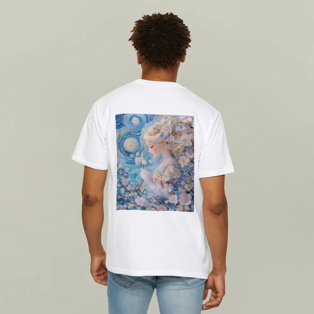 Blonde Girl Cherry Blossoms Swirling Blue Sky – T-Shirts