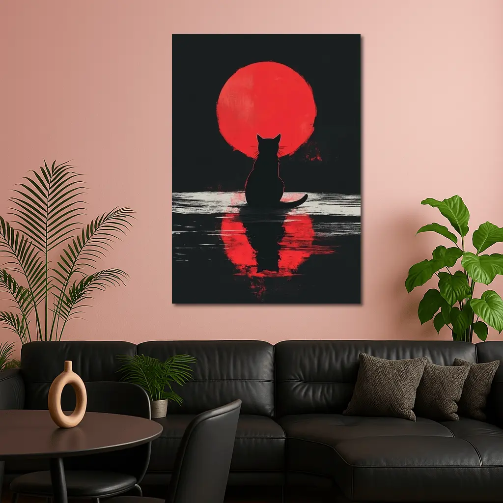 Black Cat Silhouette Red Moon Night – Wall Art