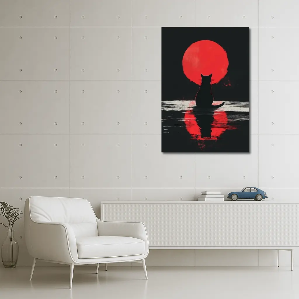 Black Cat Silhouette Red Moon Night – Wall Art
