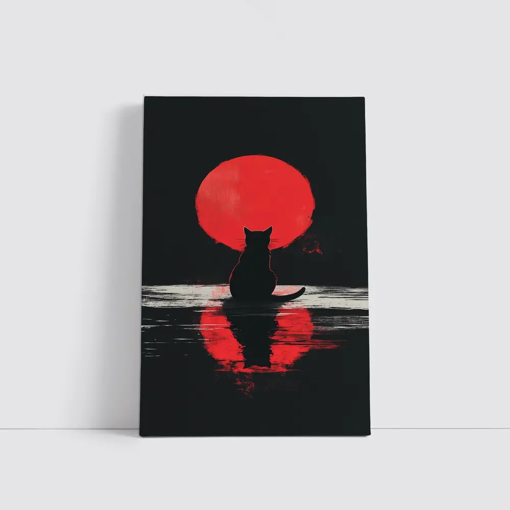 Black Cat Silhouette Red Moon Night – Wall Art