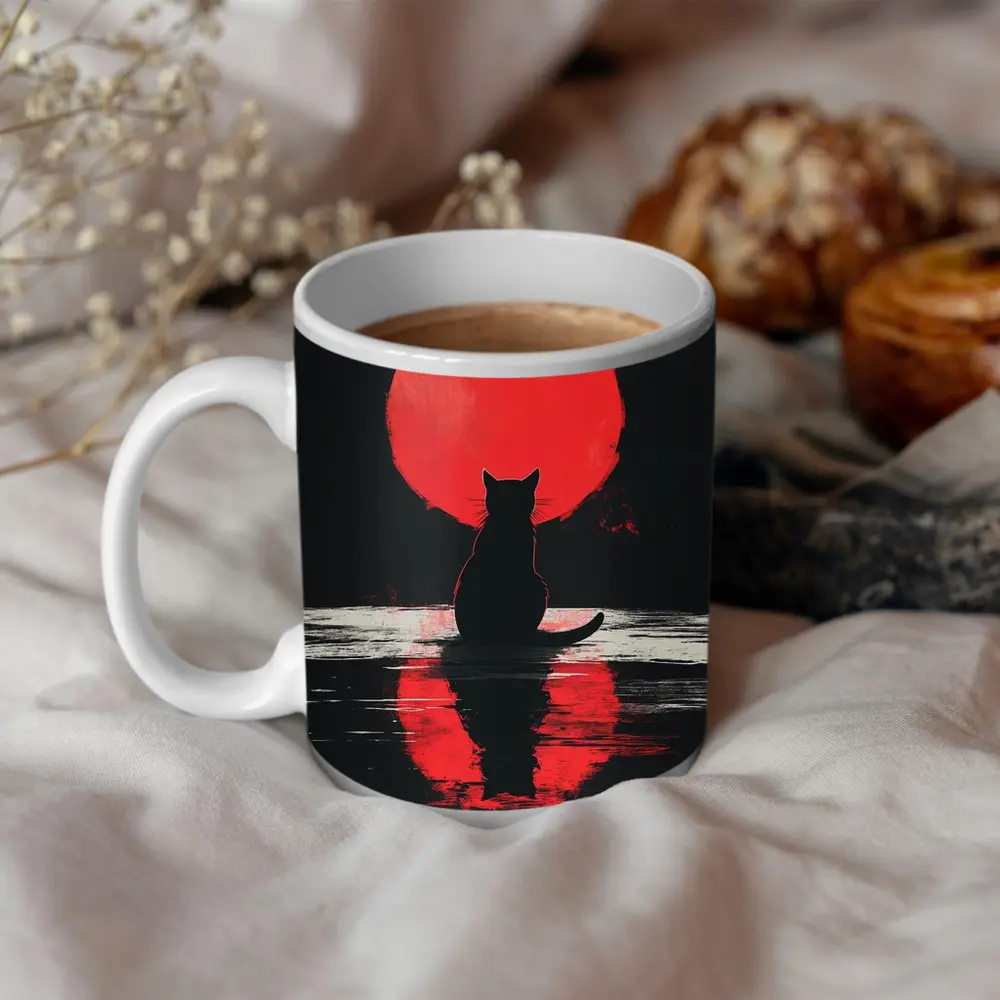 Black Cat Silhouette Red Moon Night – Mugs