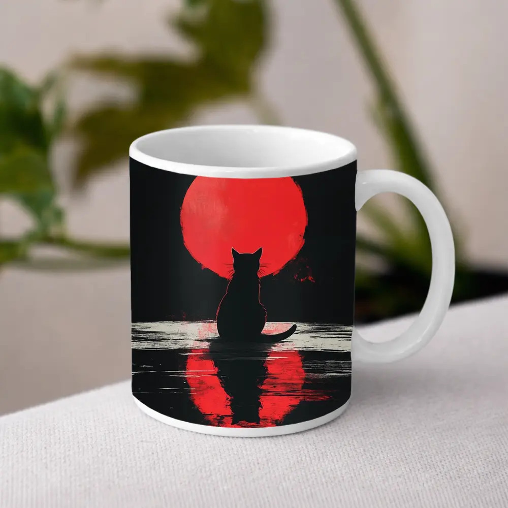 Black Cat Silhouette Red Moon Night – Mugs