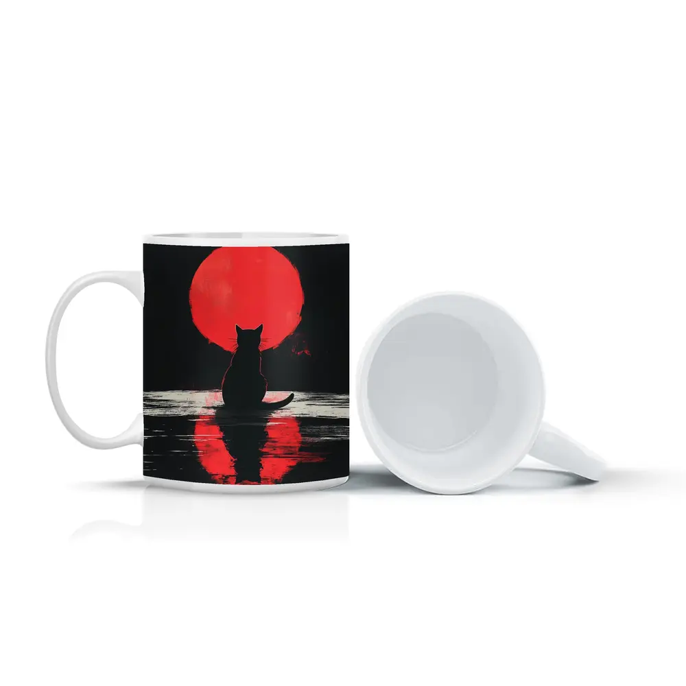 Black Cat Silhouette Red Moon Night – Mugs