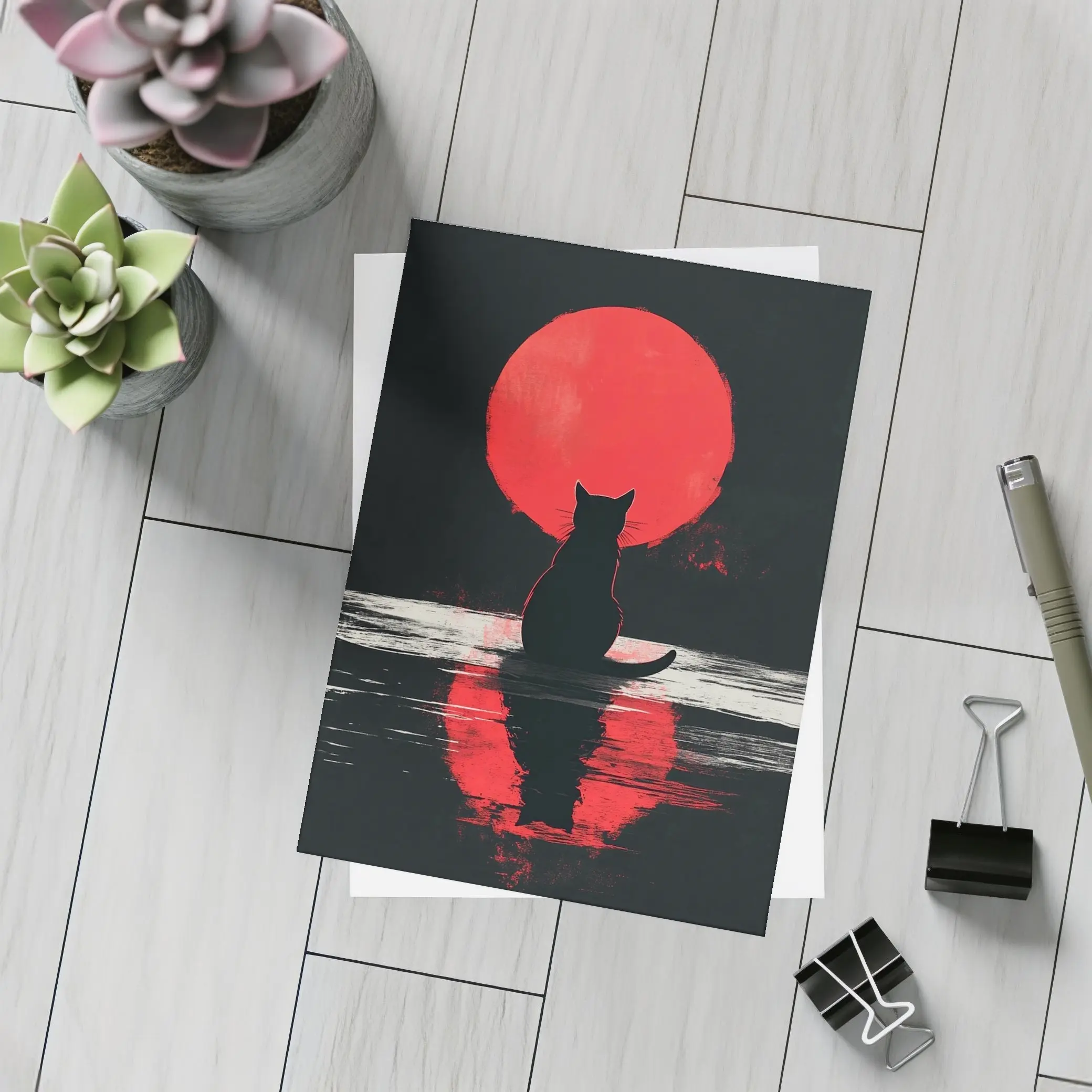 Black Cat Silhouette Red Moon Night – Postcards