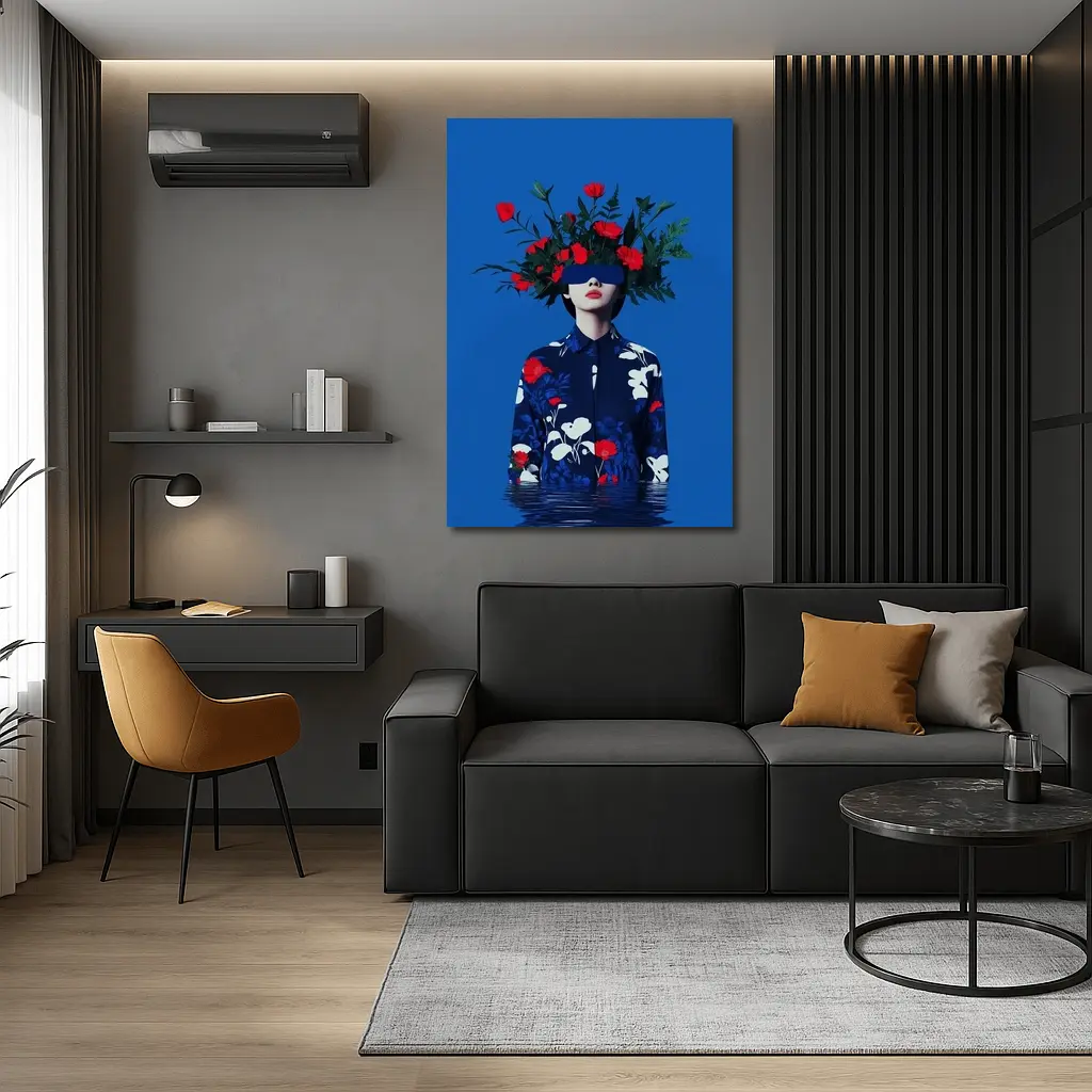 Woman With Red Flowers Blue Surreal Art – Wall Art
