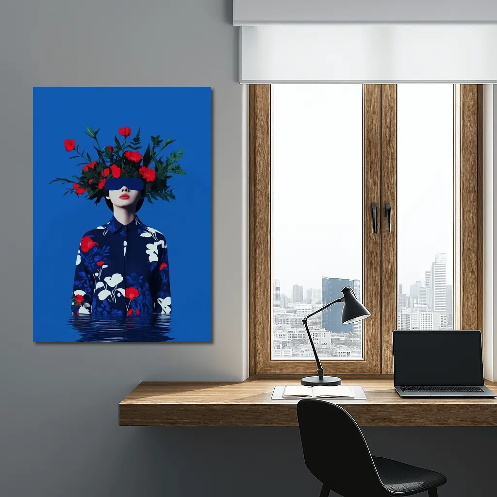 Woman With Red Flowers Blue Surreal Art – Wall Art